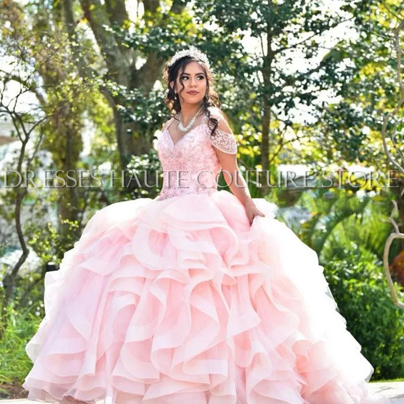 

Off the Shoulder Pink Quinceanera Dresses Appliqued Beaded Ball Prom Gowns Sweet 16 Dress vestidos de 15 años
