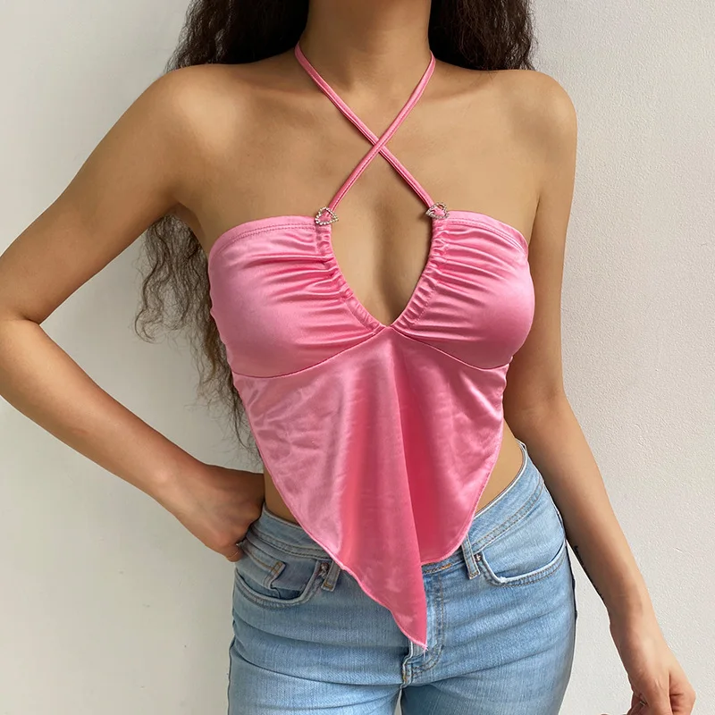 

2021 Vintage Sexy Strappy Brown Y2K Halter Crop Top Women Summer Backless Cami Tops Tees Ladies Fashion Fitness Camisole Party