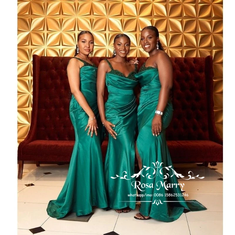 

Hunter Green African Mermaid Bridesmaids Dresses 2021 Sequined Beaded Plus Size Long Satin Wedding Guest Gowns Maid of Honors