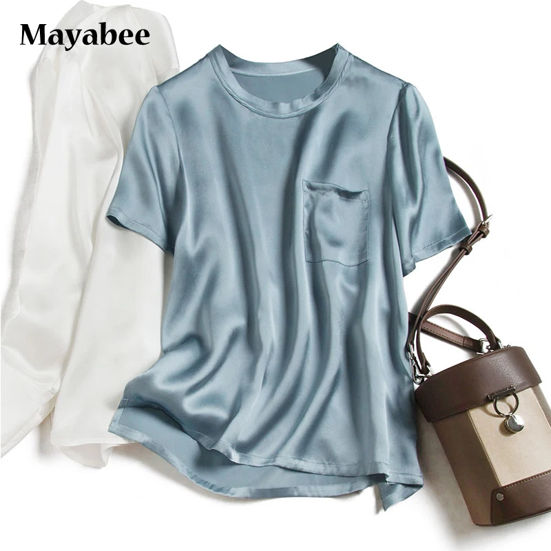 Pure Color Base Mulberry Silk Pocket Round Neck Comfortable Short-Sleeved Woman Loose T-Shirt 2021 Spring Summer New