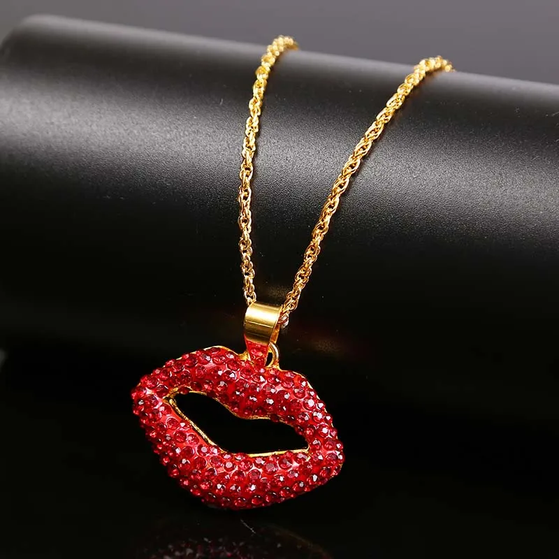 Женское ожерелье с подвеской в виде губ красные стразы ювелирные изделия стиле