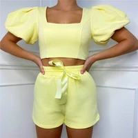 womens loungewear set square collar short puff sleeve crop top shorts two piece set summer solid color casual outfits