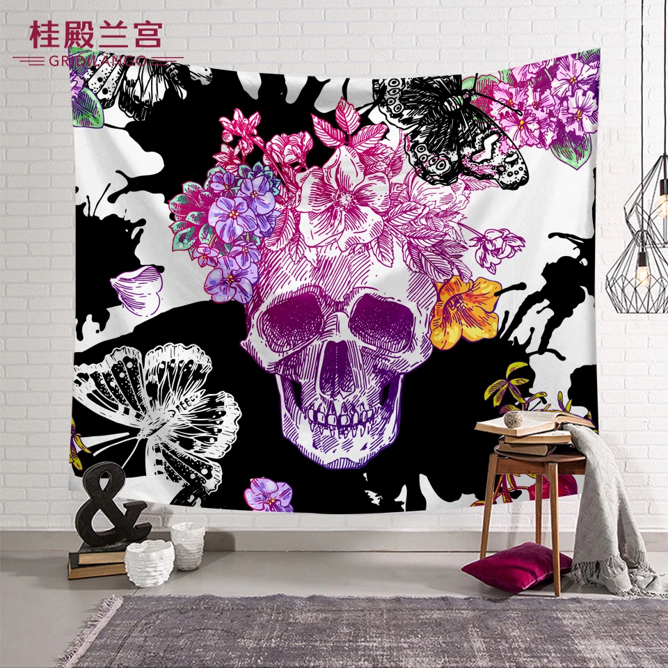 GRIDILANGO черно белый череп Пальмовые Листья гобелен с изображением бабочек