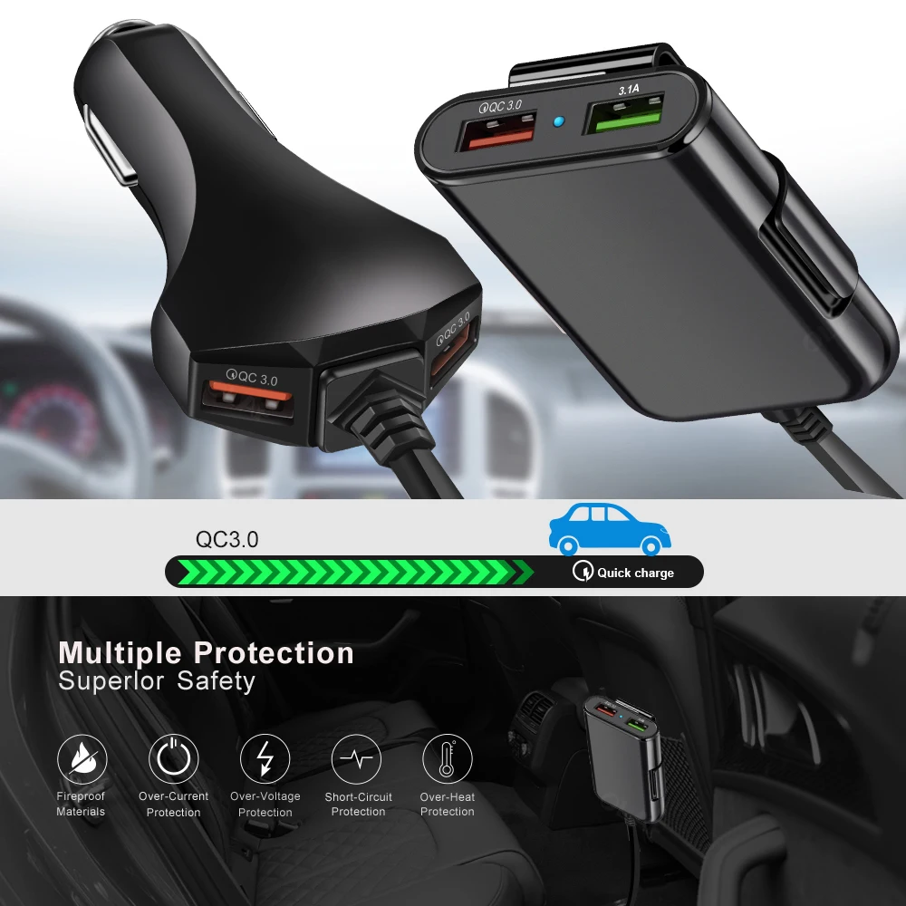 Автомобильное зарядное устройство OLAF 4 USB QC 3 0 быстрая зарядка Передняя и задняя