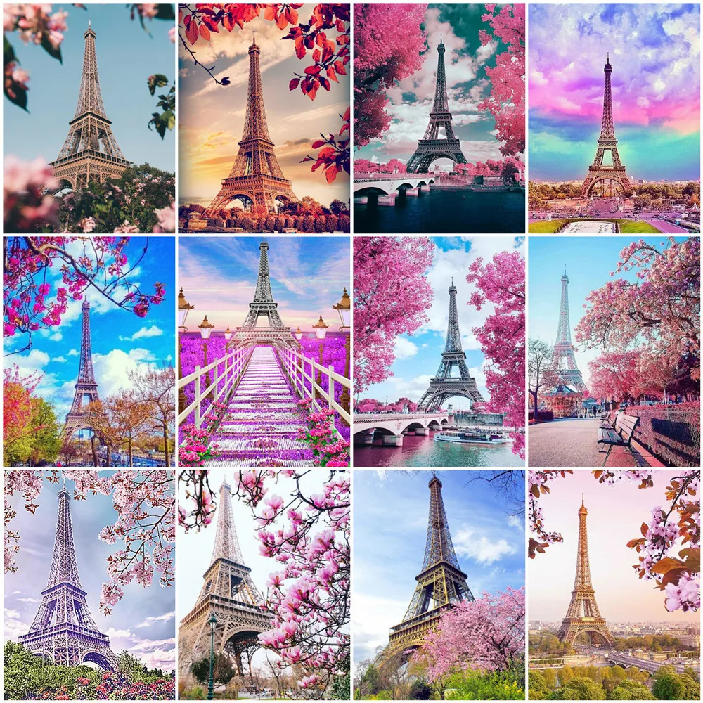 

HUACAN DIY Full Square Diamond Painting Tower Mosaic Rhinestone Spring 5D Diamond Embroidery Scenery Home Decoration