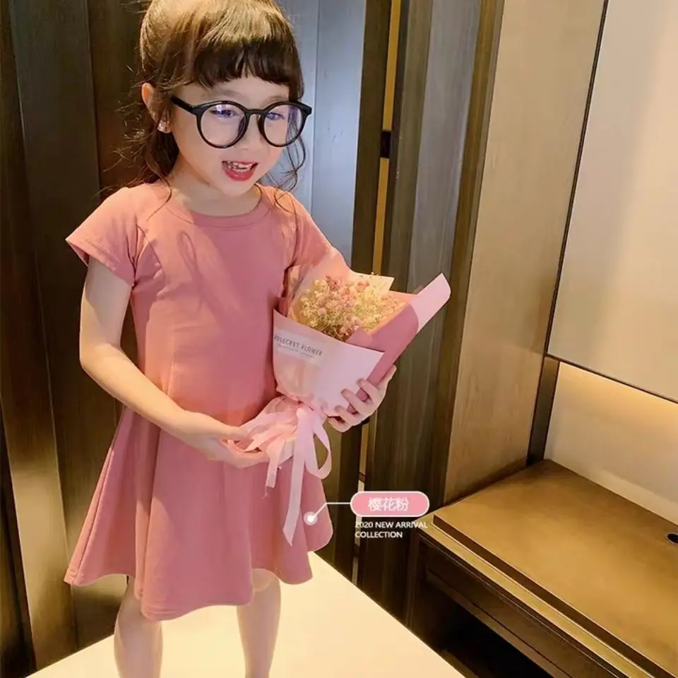

2020 летнее платье для девочек, хлопковые платья для больших девочек, детское Плиссированное однотонное милое платье с коротким рукавом, сара...