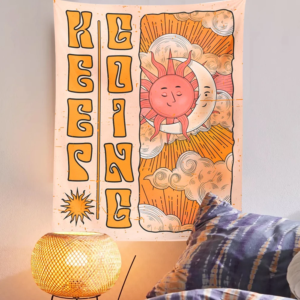 Гобелен с цитатой Keep Going Настенный декор в стиле ретро 70-х подвеска виде солнца