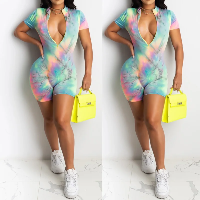 

Fashion Female Jumpsuit Sexy Skinny Slim Tie-Dye Print Deep V-Neck Short Sleeve Playsuit for Women Ladies