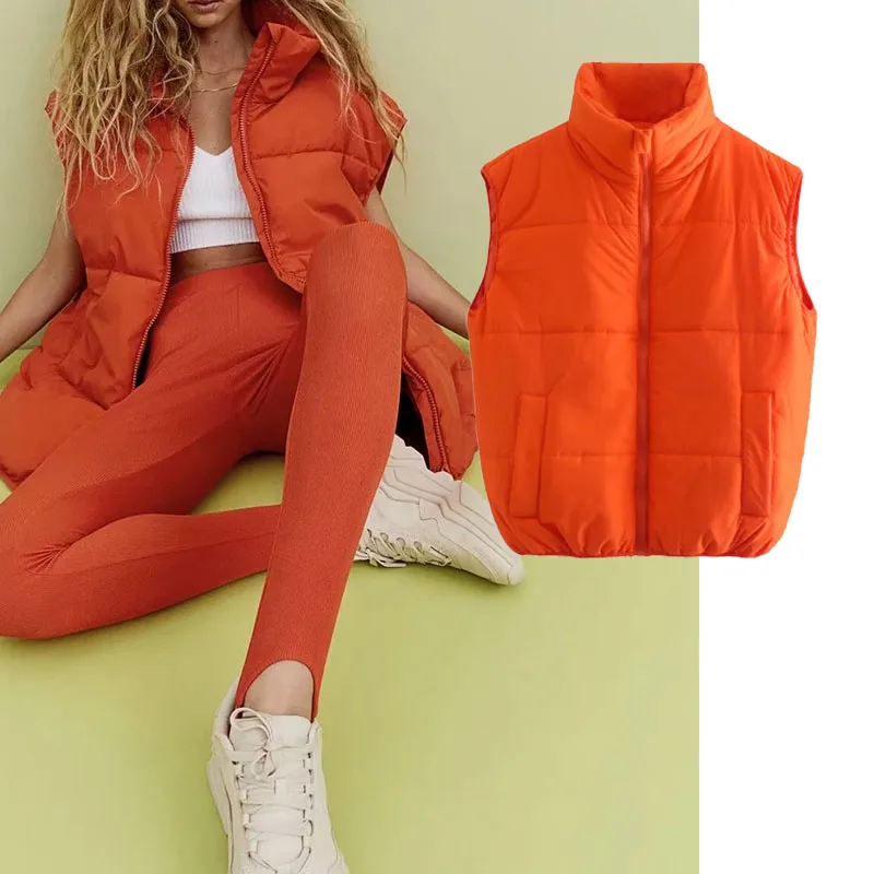 

ZA 2021 Women New Fashion Casual Orange Padded Quilted Waistcoat Vintage Sleeveless Zip-up Female Outerwear Chic Tops