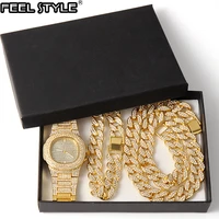 gold hip hop miami curb cuban chain iced out paved rhinestones cz bling rapper gold necklace watchbracelet jewelry for men