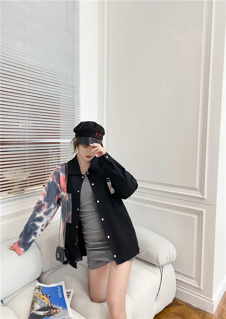 

Loose Plus Size Tie Dye Print Patchwork Pocket Turn-Down Collar Women's Clothing Asymmetric Long Sleeve Shirt Jacket Design Tops