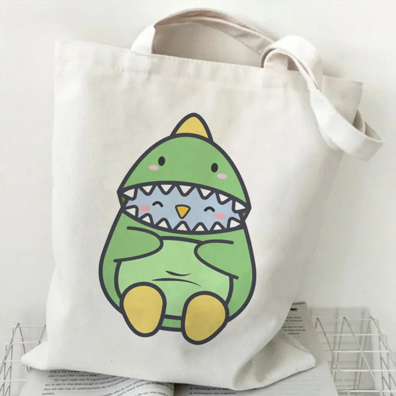 

Cute Little dinosaur Lady Shopping Bag Harajuku large female canvas Tote bag College Handbag cartoon female shoulder bags 2021