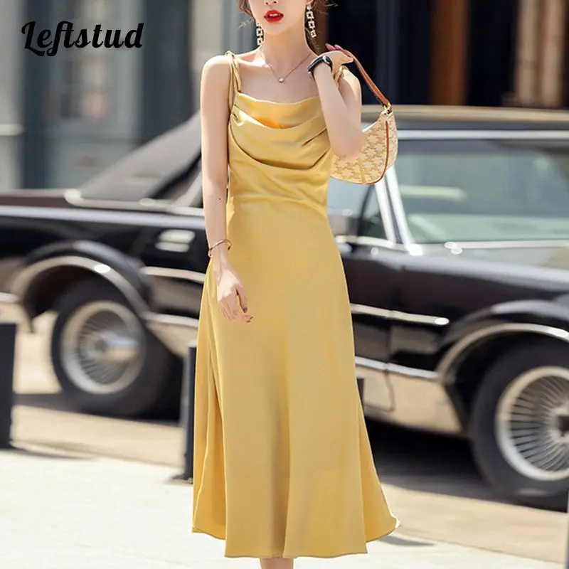 

One word collar pile collar French sexy elegant dress 2022 spring and summer sleeveless sling mid-calf dresses women