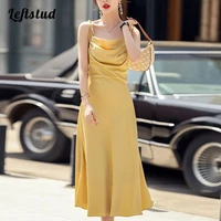 one word collar pile collar french sexy elegant dress 2022 spring and summer sleeveless sling mid calf dresses women