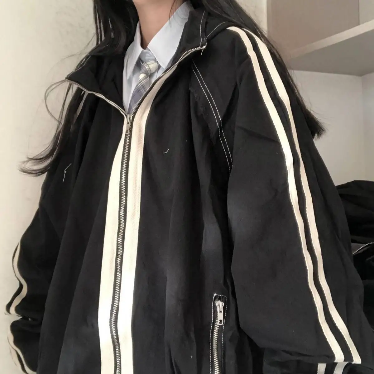 

Basic Jackets Women Spring Zipper Stand Collar Students Loose BF All-match Harajuku Womens Outwear Trendy Simple Striped Ulzzang