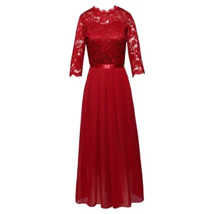 Wine Red Evening Dresses Elegant O-Neck Chiffon Lace Formal Prom Party Gown Evening Robe Vestidos Women Dress 2021