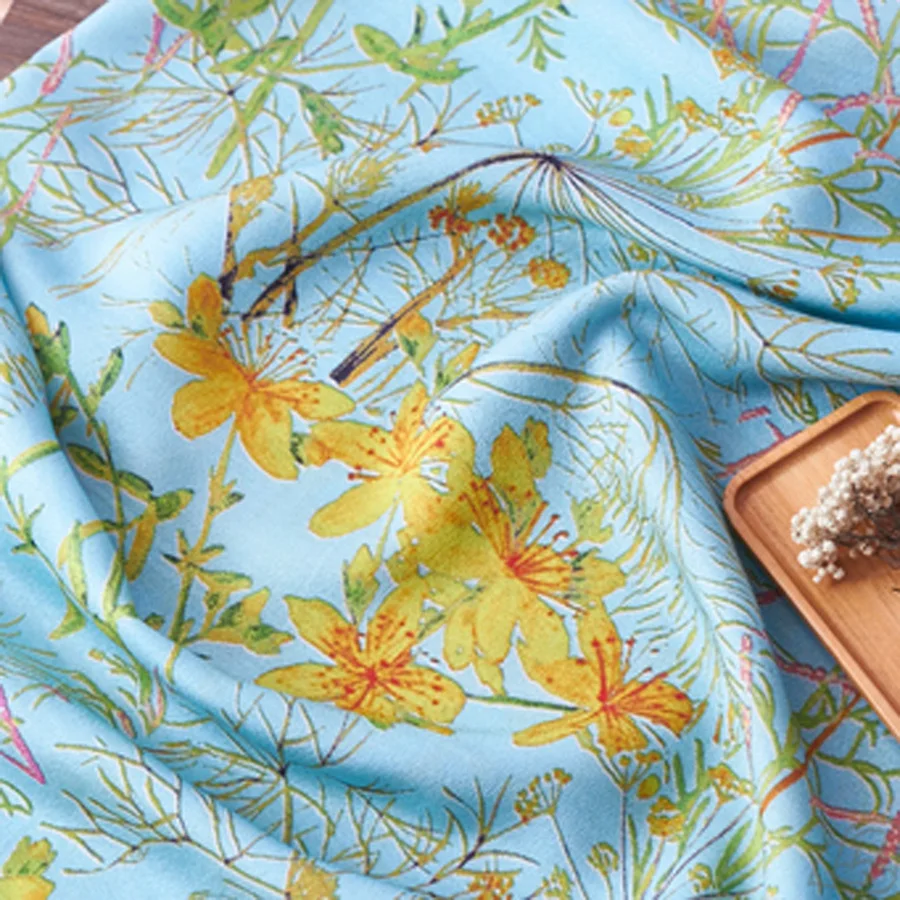 

High quality silk flax tissu Pastoral Literary Printing fabric High-end customized dresses for dresses and scarves patchwork