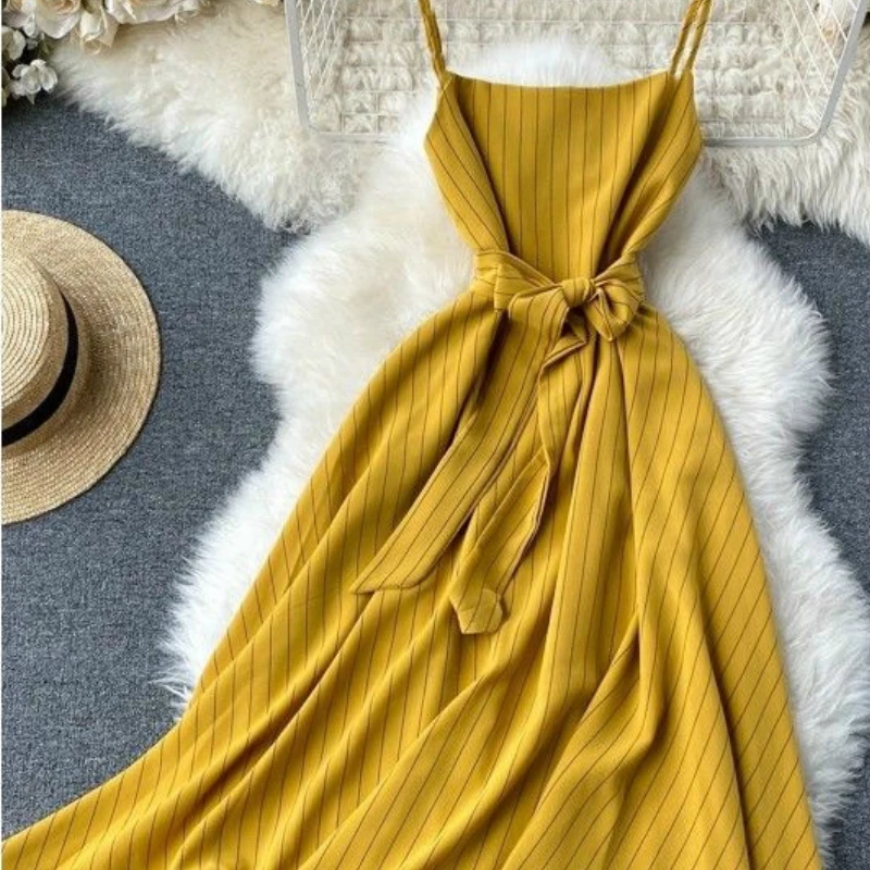 Платье женское с рукавом средней длины элегантное желтое повседневное в полоску