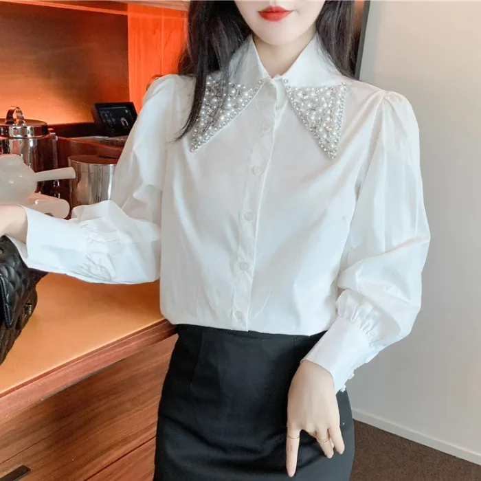 Женская офисная блузка с длинным рукавом элегантная белая отложным воротником и