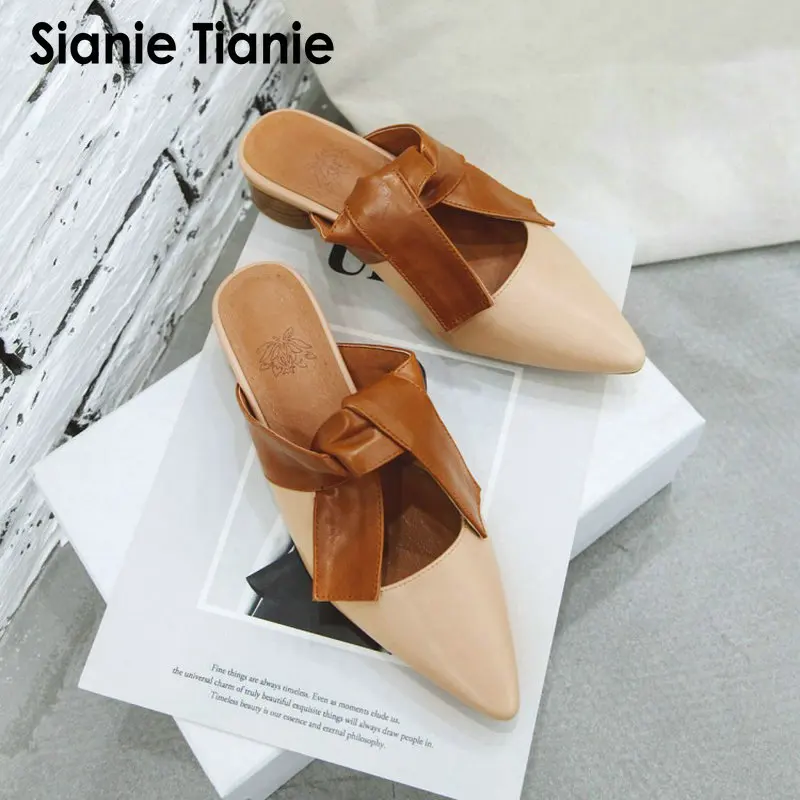 

Sianie Tianie 2021 summer PU pointed toe med chunky heels outdoor slides fashion slippers women mules size 34-48 woman sandals