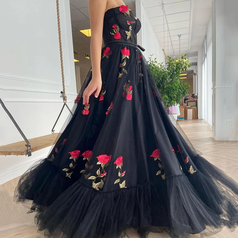 

Vestidos Black Sweetheart Satin and Tulle Sleeveless Prom Dress Elegant A-Line Floral Appliques Evening Dress Long Party Dress
