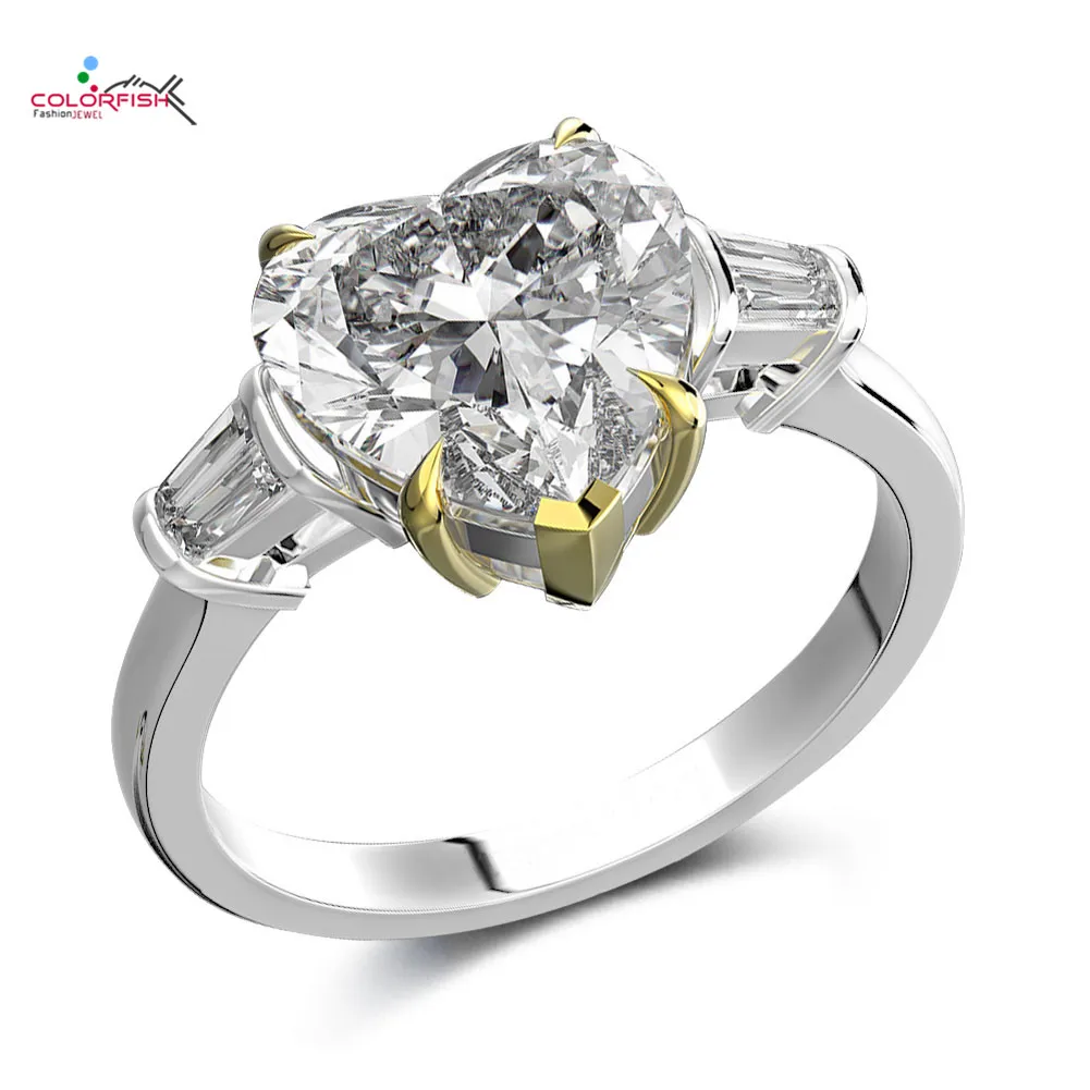 

Colorfish Solid 925 Sterling Silver Heart Cut 10mm 4ct 3-Stone Anniversary Engagement Ring Simulated Diamond Wedding Silver Ring