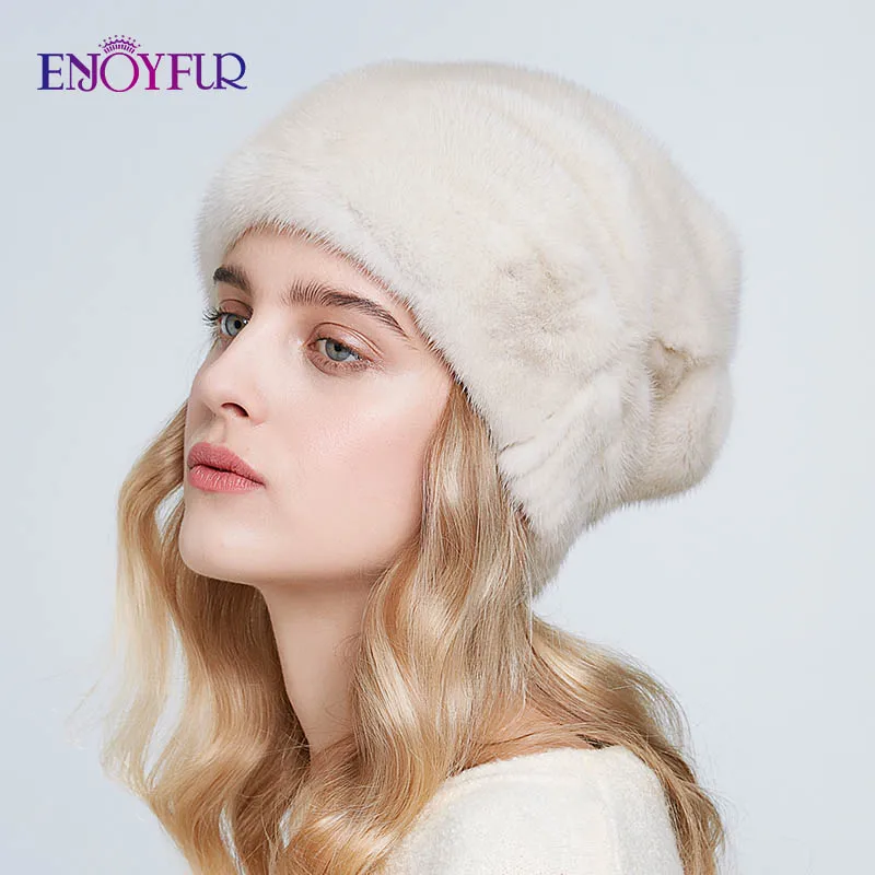 ENJOYFUR с натуральным норковым мехом Шапки на толстой подошве, женская теплая со всей норковые меховые шапки модные стразы женские шапки новые меховые шапки-бини