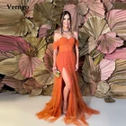 Женское длинное вечернее платье Verngo, оранжевое Тюлевое платье А-силуэта с открытыми плечами и Боковым Разрезом, юбка для выпускного вечера