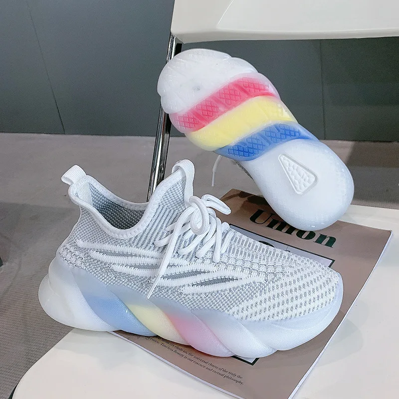 

Popcorn Rainbow Bottom 2021 Summer and Autumn New Fashion Flying Sneakers Women's New Running Shoes Thick-soled Daddy Shoes