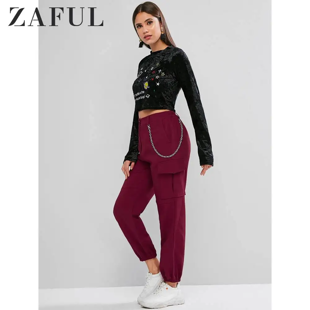 ZAFUL штаны для бега с цепочкой и карманами, высокая талия, одноцветные женские штаны с высокой талией, Осенние уличные штаны, популярные штаны