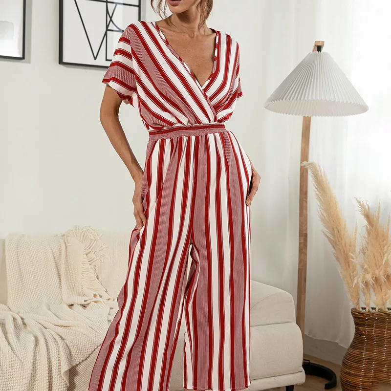 

Striped Summer Women Jumpsuit Short Sleeve Sexy V-neck Stripe Ladies High Waist Cropped Rompers 2021 Fashion Homewear Jumpsuits