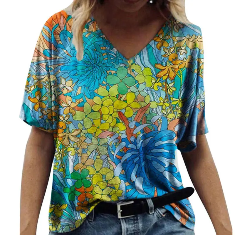 

Womens Summer Short Sleeve Floral V-Neck T-Shirt Ladies Casual Loose Tops Shirt