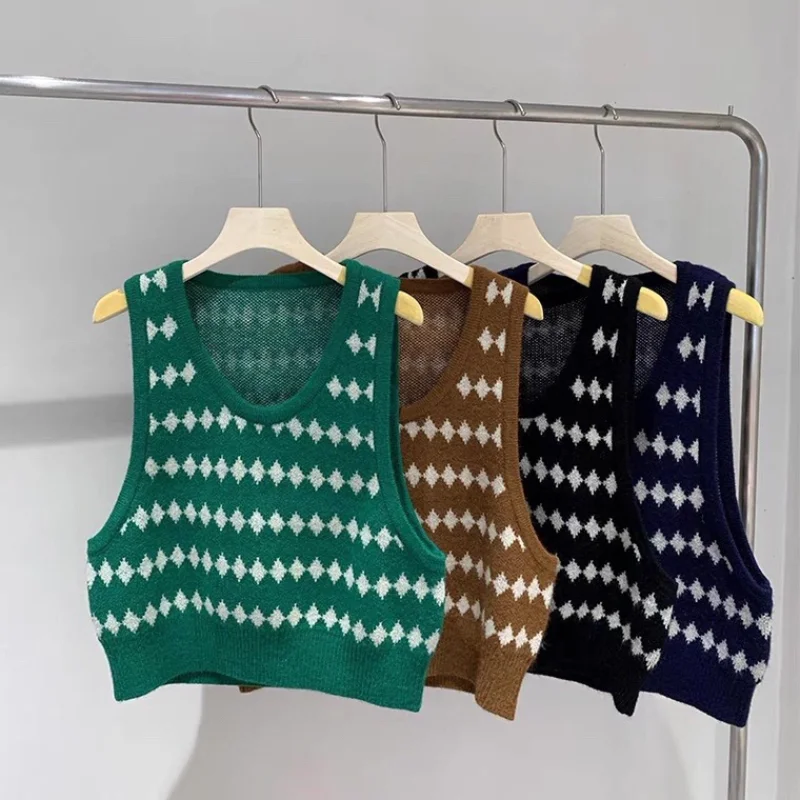 Женский укороченный свитер винтажный клетчатый жилет Осень зима 2021| |