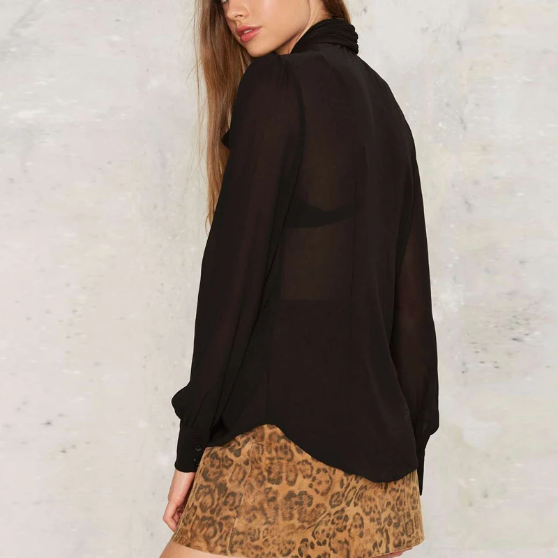 

HStar 2020 Spring Solid Bow Neck Chiffon vintage Women blouse shirt Elegant Lantern sleeve tie blusa feminina New