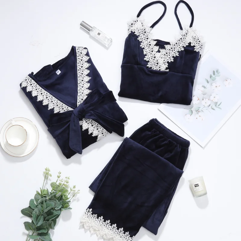 

Women New Velvet 3PCS Lace Sleepwear Set Autumn Pajama Suit Sexy Floral Trim Nightwear Bride Wedding Robe Intimate Lingerie