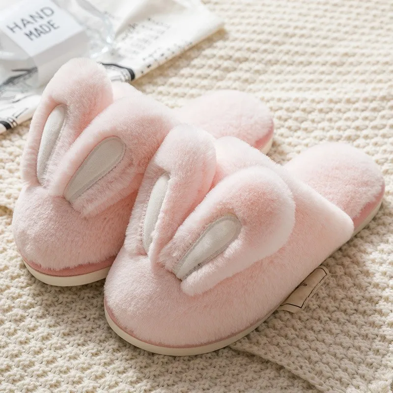 

Fashion Women Slippers Winter Warm Fur Shoes Men Couples Cute Rabbit Ears Soft Sole Home Indoor Ladies Plush Slides Zapatillas