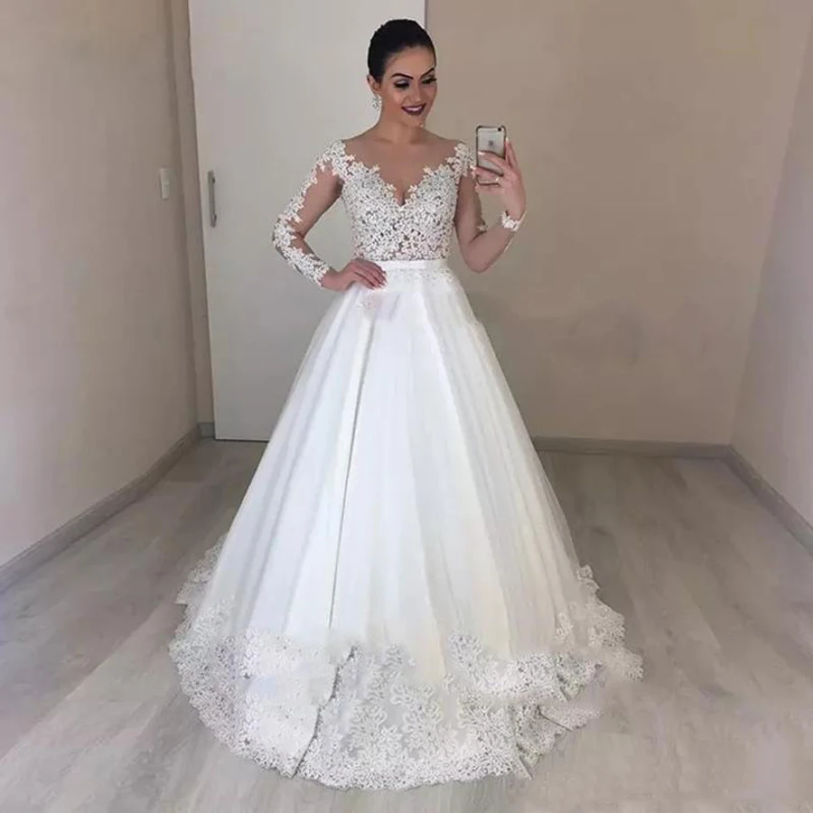 

Luxury Lace Princess Ball Gown Wedding Dresses Sheer Neck Illusion Long Sleeves Appliques Country Bridal Gowns vestido de noiva