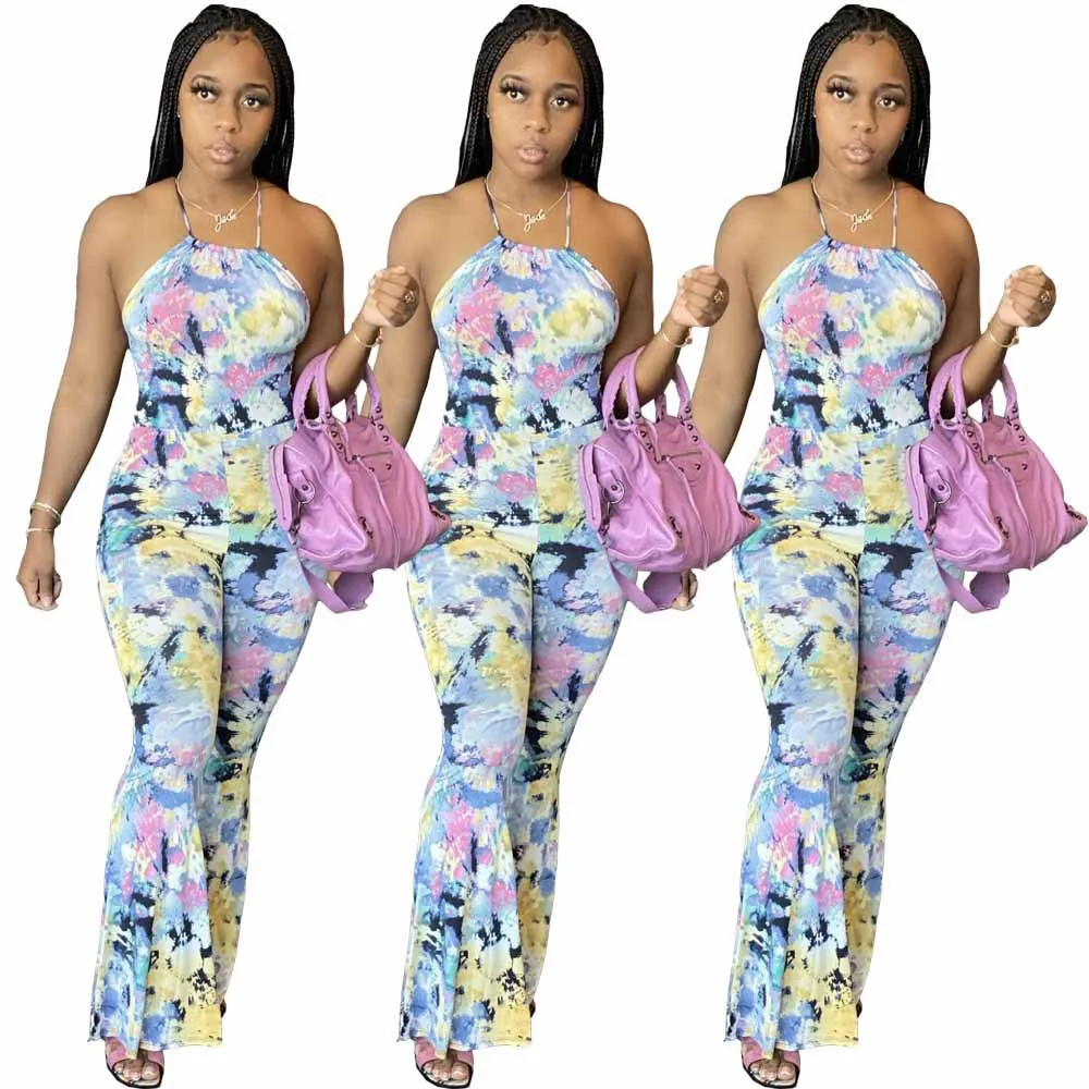 

Women's sexy hanging lead hollow out high-waisted printed jumpsuit club party summer wear