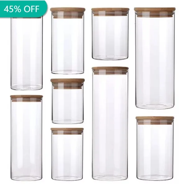 TRANSPARENT FOOD STORAGE JARS WITH BAMBOO LID KITCHEN GLASS SEALED CANS TANK TEA CANISTER ON - Прозрачные банки для хранения продуктов с бамбуковой крышкой, кухонные стеклянные герметичные банки, банки для чая.