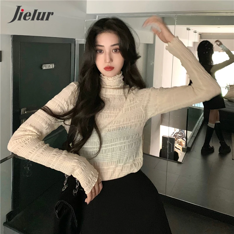 Jielur Корейская водолазка новинка Женская Кружевная футболка с длинным рукавом