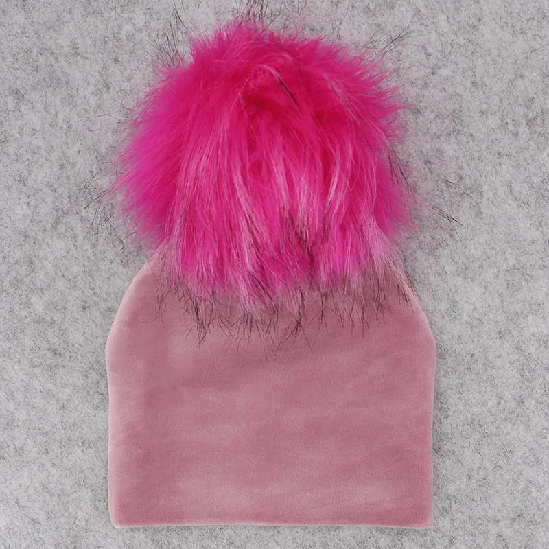 pink 5 Осенне-зимняя плотная Теплая Бархатная детская шапка с меховым помпоном, шапки, мягкие хлопковые шапки для новорожденных мальчиков и девочек - Цвет: pink 5