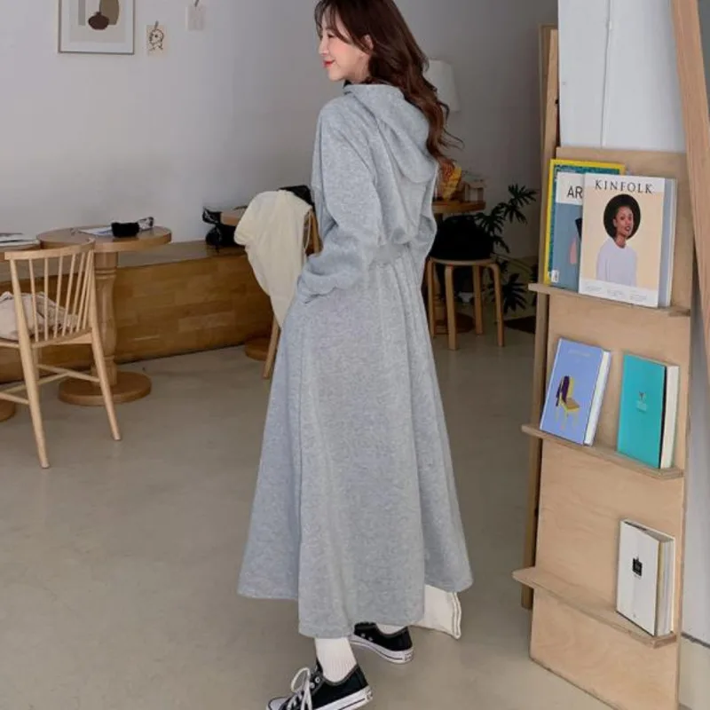 

LANMREM 2021 spring and autumn fashion hooded pullover women's ankle-length Korean style high waist slimming solid dress 2A493