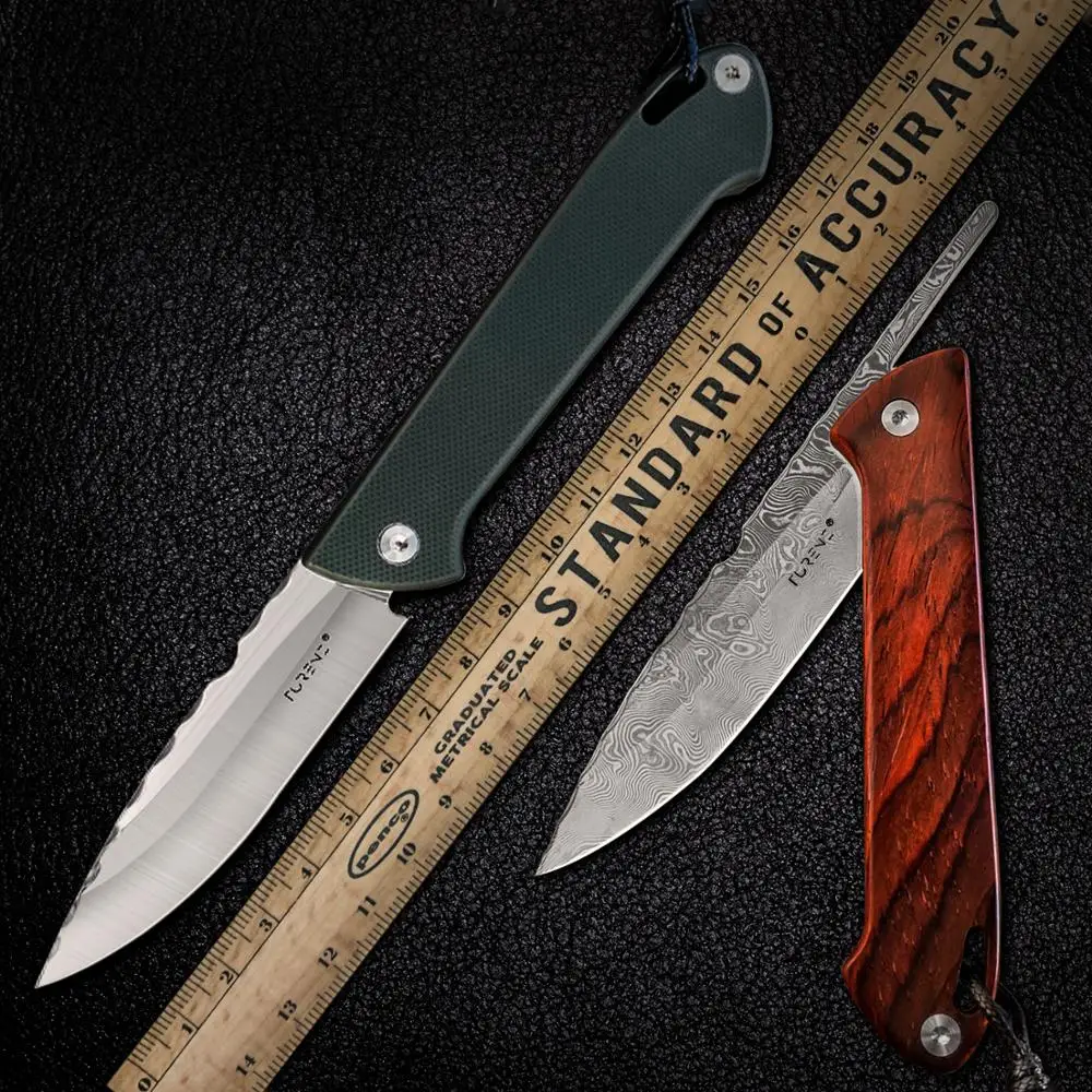 Тактический карманный нож TURENZ из дамасской стали/лезвие из стали D2, складной нож без блокировки для повседневного использования, самообороны, кемпинга, охоты, рукоятка G10