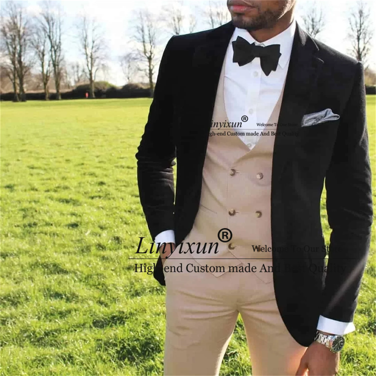 

Formal Black Men's Suit Notch Lapel Wedding Groom Tuxedos 3 Pieces Set Business Male Blazer With Begie Waistcoat Pants Outfit