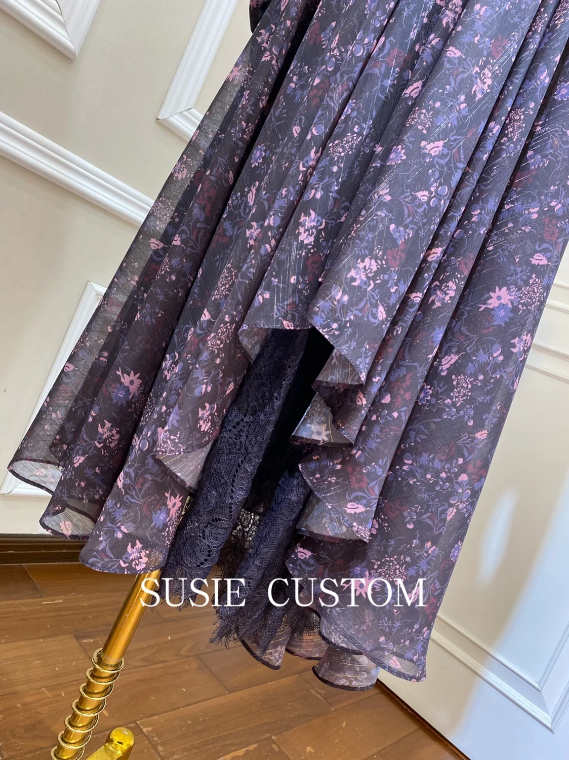 

Women Asymmetrical Maxi Dress Lace Semi Sheer Floral Print High Waist Tunic Ruched Long Dress Top Quality