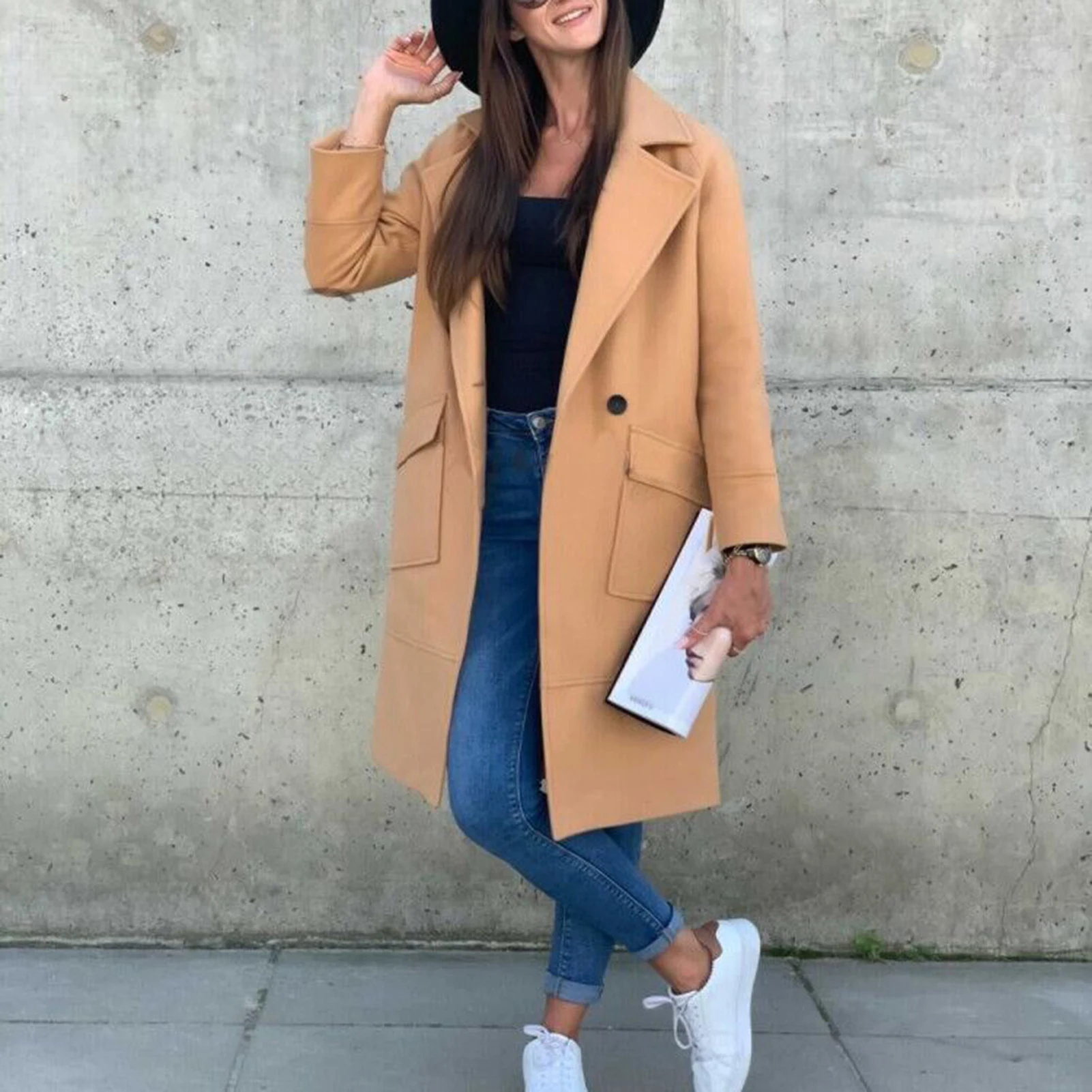 

Women Long Coat Autumn Winter Solid Color Overcoat Lapel Buttons Pockets Long Coat Jacket Overcoats Fashion Solid Slim Outerwear
