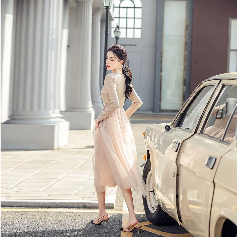 

Women Summer Elegant Sexy V Neck A-line Gauze Dress Office Lady Party Slim Solid Long Sleeve Dresses Work Casual Vestidos