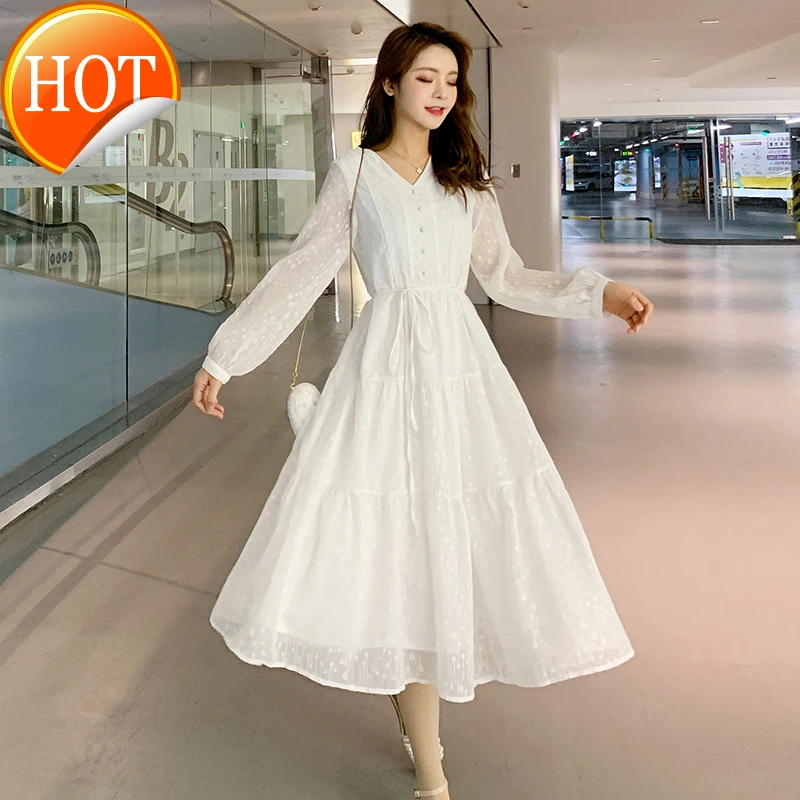

2021 spring new Korean long sleeve small fresh white waist fairy dress lace up Jacquard Dress swing skirt