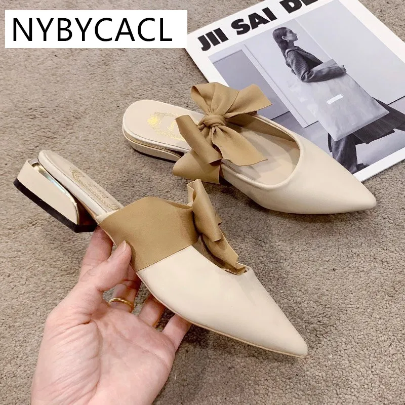 

Pointed Pumps Women Shoes New Summer Slippers Women Casual Comfort PU Leather Low-heel Sandals Butterfly-knot Thick Heel Shoes