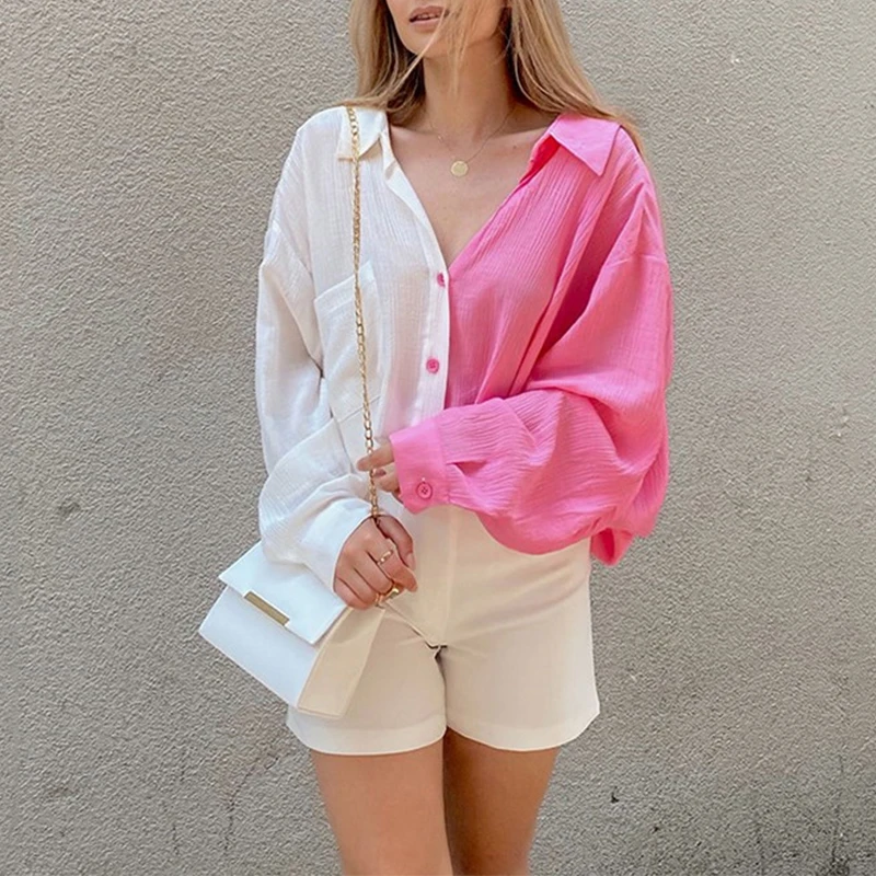 

Женская длинная рубашка с рукавом летучая мышь, однобортная Свободная рубашка составного кроя с отложным воротником и карманами, уличная о...